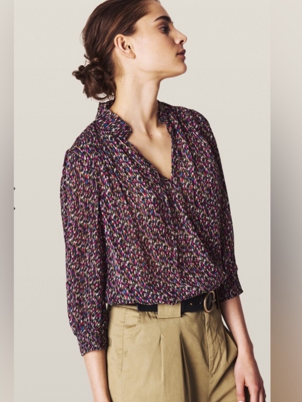 ba&sh Metallic Thread Silk Blouse 3/4 Balloon Sleeve - Size 1